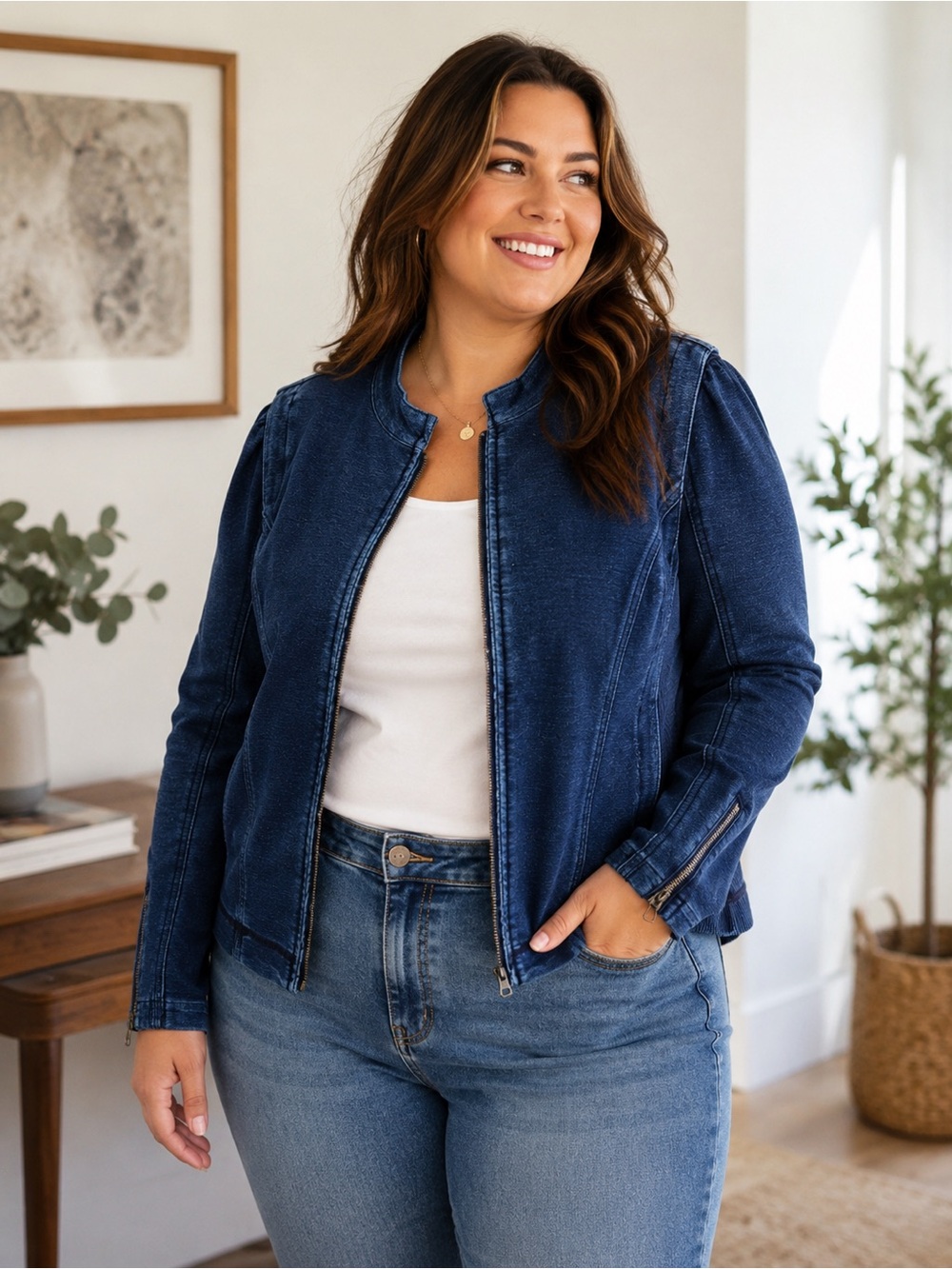 Anthropologie Pilcro Denim Moto Jacket 3X Indigo Blue Stretch Zip Plus Size